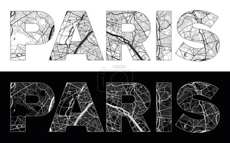 Paris City Name (Frankreich, Europa) mit schwarz-weißem Stadtplan-Illustrationsvektor