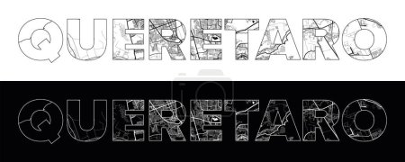 Téléchargez les illustrations : Nom de la ville de Queretaro (Mexique, Amérique du Nord) avec vecteur d'illustration de carte de ville en blanc noir - en licence libre de droit