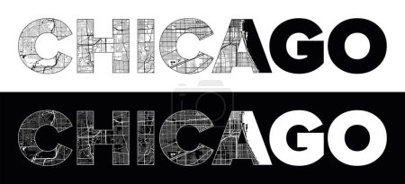 Illustration for Chicago City Name (United States, North America) with black white city map illustration vector - Royalty Free Image