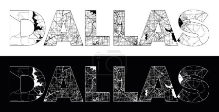 Ilustración de Dallas City Name (Estados Unidos, América del Norte) con vector de ilustración de mapa de ciudad blanco negro - Imagen libre de derechos