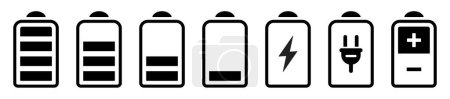 Ilustración de Conjunto de iconos de batería. Icono del indicador de carga de batería. nivel de energía de la batería. Icono de carga de capacidad de batería alcalina. Estilo plano - vector de stock
. - Imagen libre de derechos