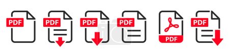Illustration for PDF file format icons set. PDF file download symbols. Format for texts, images, vector images, videos, interactive forms - stock vector. - Royalty Free Image