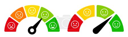 Comentarios de los clientes dando calificación. Emociones en el medidor de satisfacción-feliz, sonrisa, neutral, emoji triste y enojado. Emoticon, escala de emociones, sonrisa y emoji - vector de stock.