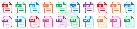 Dateiformate große Symbolsammlung. Dateiformat der Dokument-Symbole festgelegt. PDF, JPG, DOC, PPT, XLS, MP4, RAR, AI, ZIP, MP3, MPV, GSF und andere - Aktienvektor.
