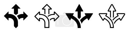Choice between three roads icons. Three-way directional arrow collection. Way, road, direction, branching, arrows - stock vector.