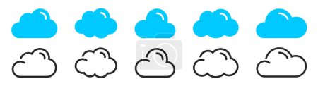Wolkensymbole gesetzt. Wolken-Symbol in unterschiedlichem Stil. Wetterkapriolen. Wolkensymbollinie und flacher Stil - Aktienvektor.