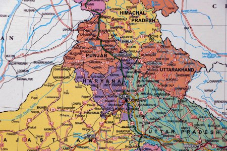 Foto de Mapa del norte de la India con fronteras estatales, Delhi, Punjab, Haryana en primer plano - Imagen libre de derechos