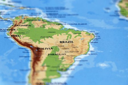 world map of south american countries and brazil, colombia, peru in close up focus