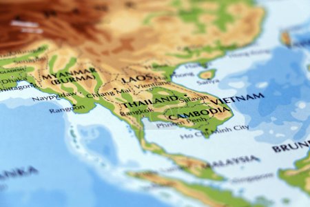 world map of south East Asia and Thailand,Cambodia, Vietnam, Myanmar in close up focus