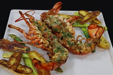 canadian lobster thermidor with asparagus and potato