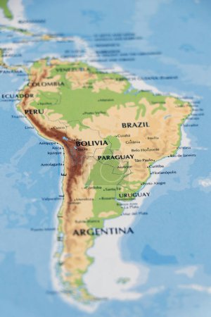 south american continental and brazil, uruguay, paraguay, peru, bolivia, argentina countries in close up