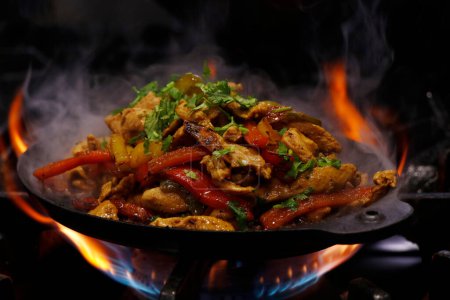 Photo for Mexican food, chicken fajitas preparing on a hot smoking sizzling plate - Royalty Free Image