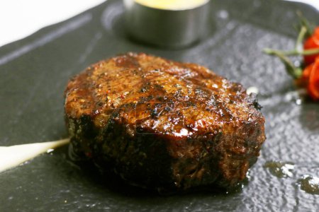 beef tenderloin fillet steak in serving plate in close up