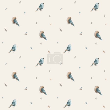 watercolor vintage blue beige birds with floral element seamless pattern