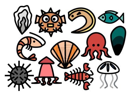 Téléchargez les illustrations : Les animaux marins comme les fruits de mer désignent les créatures comestibles récoltées dans la mer, comme les poissons, les crevettes et les huîtres. Ils sont recherchés pour leur valeur nutritive et leurs saveurs uniques, enrichissant l'exp culinaire - en licence libre de droit