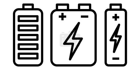 Téléchargez les illustrations : L'ensemble des icônes de batterie comprend différentes tailles de batterie et niveaux de charge. Il symbolise la puissance portative, le stockage d'énergie et la commodité des batteries pour les appareils et équipements électroniques.. - en licence libre de droit