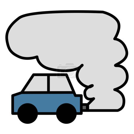 Auspuffrauch aus dem flachen Umriss eines Autos. Abgase treten aus Fahrzeugen aus, die schädliche Schadstoffe wie Kohlenmonoxid und Stickoxide enthalten. Das Einatmen kann zu Atemwegsproblemen führen