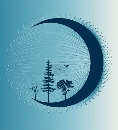 Dessin vectoriel de la silhouette lunaire avec arbres et oiseaux sur fond de menthe