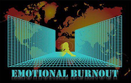 Emotional burnout. Grid in perspective against the background of a world map