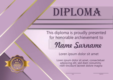 Illustration for Vector diploma template in lilac-pink colors with shadows and highlights - Royalty Free Image