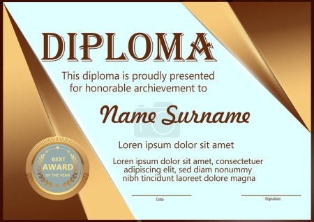 Illustration for Vector diploma template with gold gradient and soft blue background - Royalty Free Image