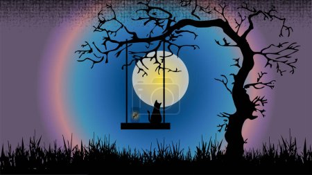 Ilustración de Gato y hada en un frasco sentado en un columpio debajo de un árbol por la noche - Imagen libre de derechos