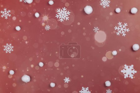 Téléchargez les photos : Fond marron de Noël avec flocons de neige blancs et branches de sapin. Espace de copie. Vue du dessus - en image libre de droit