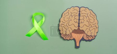 Foto de Día Mundial de la Salud Mental, 10 de octubre. Cerebro y cinta verde, símbolo de salud mental - Imagen libre de derechos