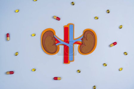 Photo for Urology Awareness Month. Kidneys with artery and vein and pills around. Renal transplant or organ donation background. Copy space - Royalty Free Image