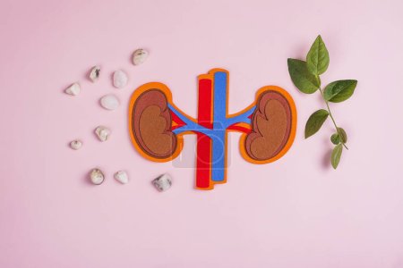 Photo for Urology Awareness Month. Kidneys with artery and vein, kidney stones around. Renal transplant or organ donation background. Copy space - Royalty Free Image
