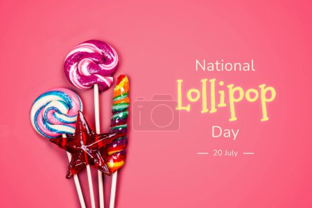 Photo for Assortment of Tasty colorful lollipops. Colorful candy background. National Lollipop Day, july 20 background. Top view - Royalty Free Image