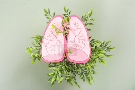 Foto de Pulmones rosados saludables sobre follaje verde. Día Mundial de la Tuberculosis, Día de la Neumonía o Día Mundial del Pulmón. Día de la donación de órganos. Ningún tabaco o fumar mata el fondo - Imagen libre de derechos