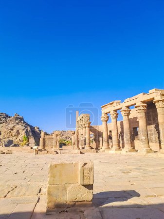 The Philae temple complex is an Agilkia island-based temple complex in the reservoir of the Aswan Low Dam, downstream of the Aswan Dam and Lake Nasser,Temple Arsenophis.Altar.Egypt. High quality photo