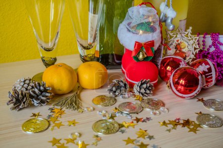 Photo for New year background with toy, Champagne and tangerines. Christmas Celebration. High quality photo - Royalty Free Image