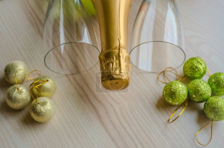 Photo for New year background with Champagne and toys. Christmas Celebration. High quality photo - Royalty Free Image