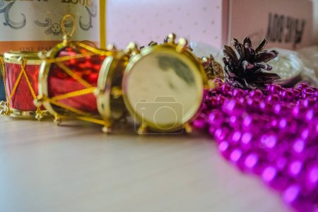 Photo for New year background with toy and purple beads. Christmas Celebration. High quality photo - Royalty Free Image