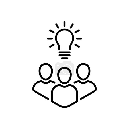 Illustration for Thin line insight icon with group of people and black bulb. outline flat trend modern logo graphic stroke art design isolated on white. concept of scholars or scientists and students or genius - Royalty Free Image