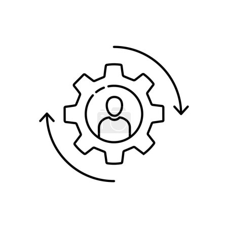 Illustration for Black gear icon with stick figure man inside. simple linear style trend modern cogwheel logotype graphic stroke art design isolated on white background. concept of developer sign or digital skill - Royalty Free Image