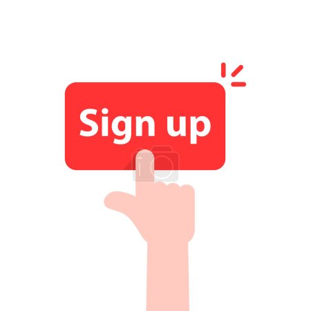 Illustration for Simple hand with red sign up button. concept of online registration on the site or client click on signup banner. cartoon flat style trend modern join us logo graphic art design isolated on white - Royalty Free Image