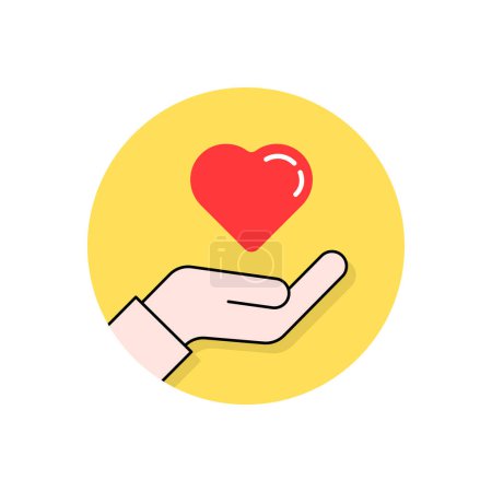 Ilustración de Logo redondo de caridad amarilla con el corazón en la mano. dibujos animados tendencia plana moderno simple compasión logotipo diseño de arte gráfico aislado en blanco. concepto de donante de armas de mujer u hombre y crowdfunding para la pobreza - Imagen libre de derechos