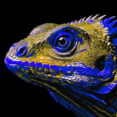 Detaillierte Illustration des Gesichts einer Eidechse mit realistischer, farbenfroher Hautstruktur