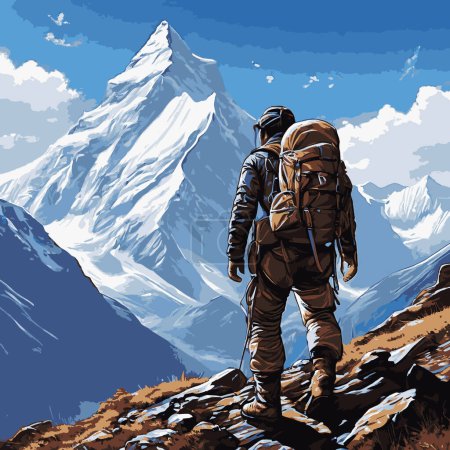 Detaillierte Abbildung aus der Nähe von einem Rucksack gesehen, von einem Bergsteiger
