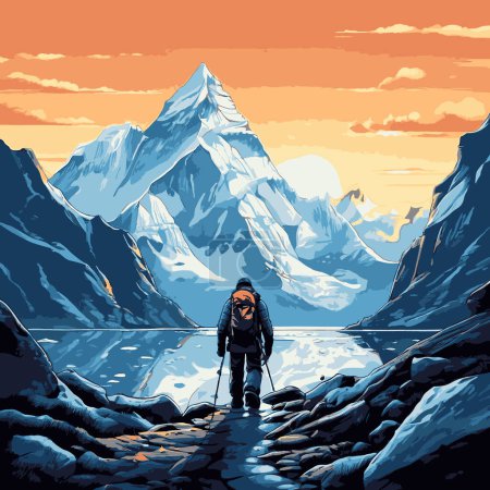Detailed illustration seen close up from behind a backpack, of a mountain climber
