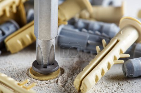 Screwdriver screw and dowel in a concrete wall background