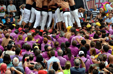 Photo for Igualada, Barcelona; August 26, 2018: meeting of the Moixiganguers human tower groups and the Colla Joves Xiquets de Reus at the Igualada festival - Royalty Free Image