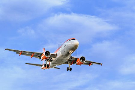 Photo for Barcelona, Spain; November 1, 2023: Airbus A319 airplane of the Easyjet Europe company, landing at the Josep Tarradellas airport in El Prat, Barcelona, Spain - Royalty Free Image