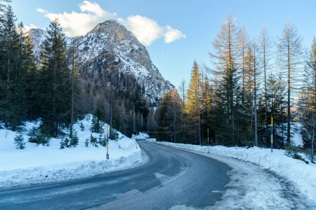 Photo for Empty icy mountain road through a snowy forest at sunset in winter - Royalty Free Image