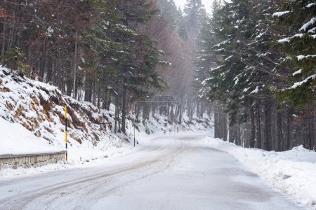 Foto de Camino alpino nevado y sinuoso a través de un bosque durante una fuerte nevada en invierno. Condiciones de conducción peligrosasas. - Imagen libre de derechos