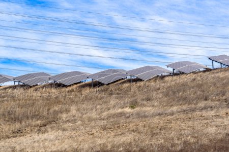 Foto de Filas de paneles solares para la generación de electricidad en la cima de una colina cubierta de hierba. Napa Valley, CA, Estados Unidos. - Imagen libre de derechos