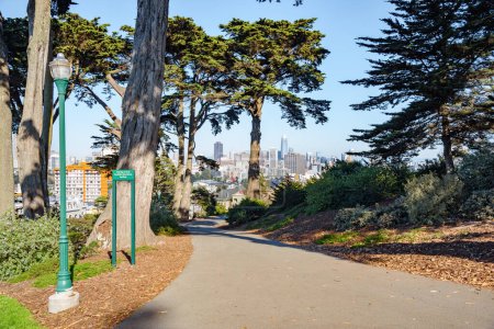 Téléchargez les photos : Sentier pavé dans un parc perché offrant une vue majestueuse sur les toits du centre-ville de San Franciscon par une journée d'automne dégagée. Californie, États-Unis. - en image libre de droit
